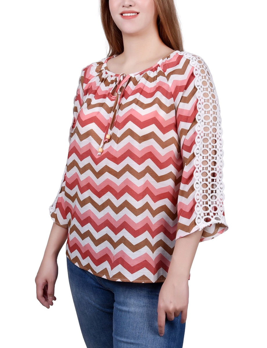  NY Collection 3/4 Sleeve Crochet Detail Blouse - Blue - Bonton