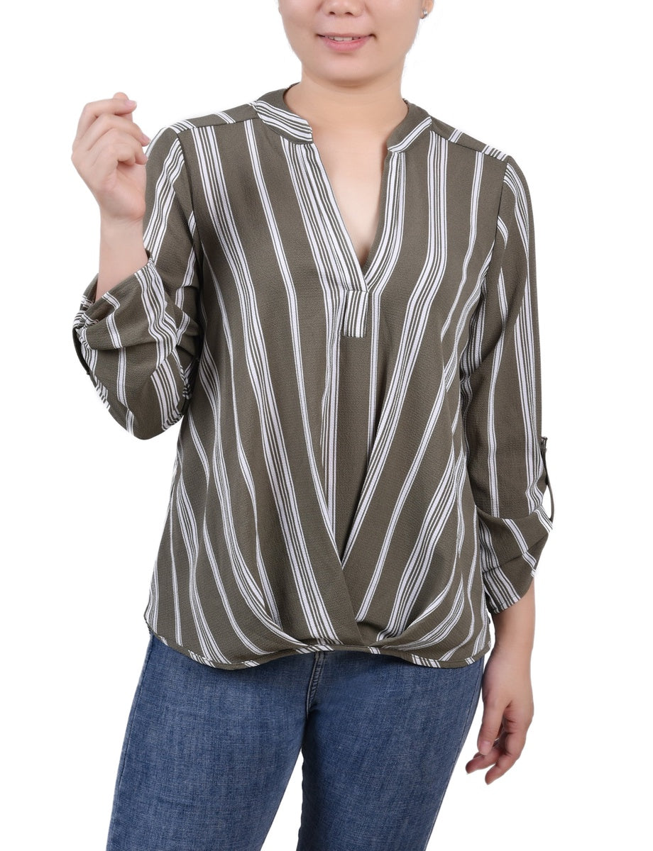  NY Collection Petite 3/4 Sleeve Mandarin Collar Blouse With Front Pleats - Black Mauve Stripe - Bonton