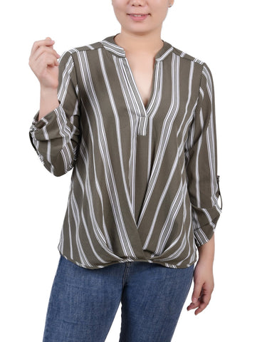 Petite 3/4 Sleeve Mandarin Collar Blouse With Front Pleats