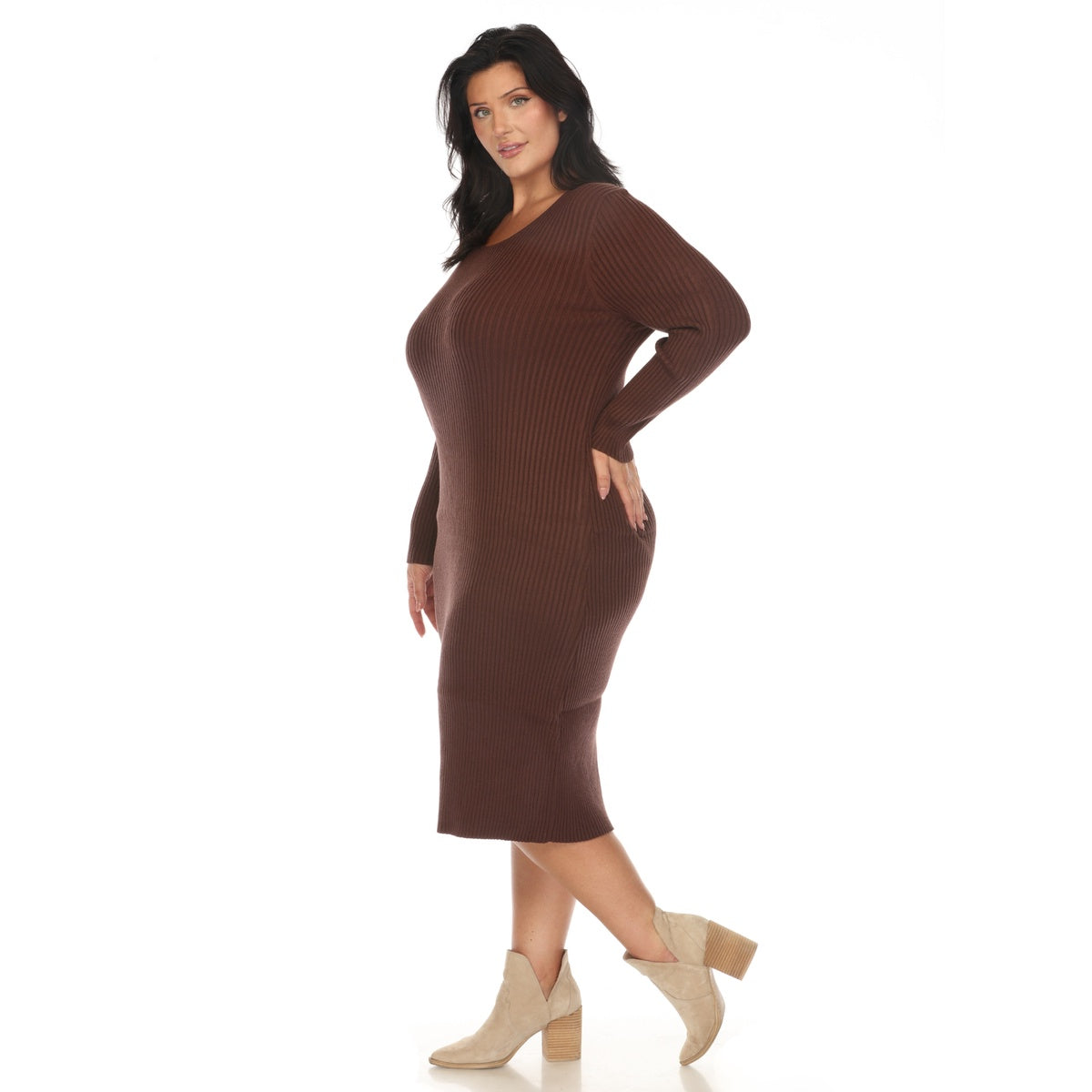  White Mark Plus Size Long Sleeve Rib Midi Sweater Dress - 1X - Bonton