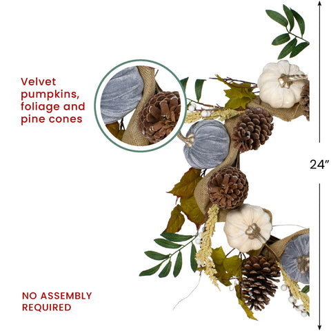 Pumpkins Foliage Grapevine Artificial Thanksgiving Wreath  24-Inch  Unlit