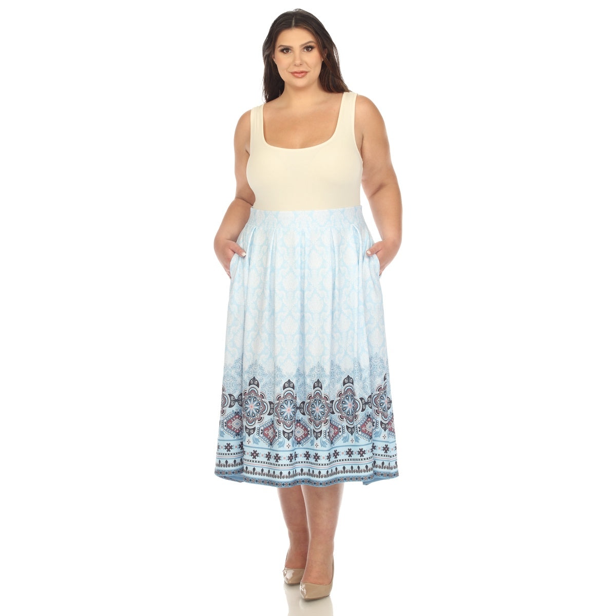  White Mark Plus Size Pleated Skirt With Border Prints - 1X - Bonton