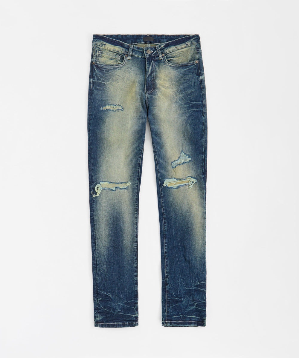  Reason Clothing Skinny Rip and Repair Denim Pants - Medium Blue - MEDIUM BLUE - Bonton