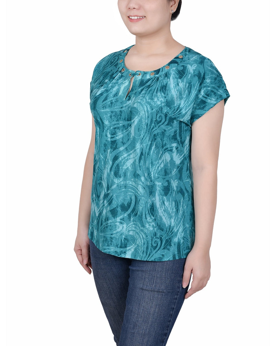  NY Collection Extended Sleeve Top With Grommets - Emerald Waves - Bonton