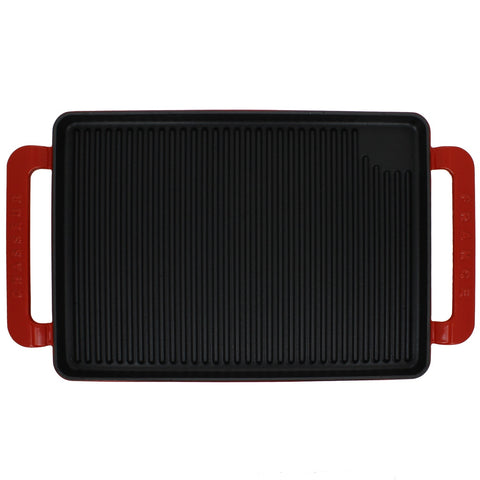 Flame Rectangular Enameled Cast Iron Grill Pan With Handles Red or Grey (CI_3360), 14-Inch