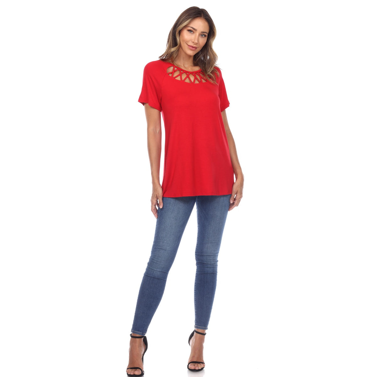  White Mark Women's Crisscross Cutout Short Sleeve Top - S - Bonton