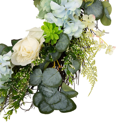 Hydrangea  Rose and Geranium Artificial Floral Spring Wreath  White and Blue - 24-Inch