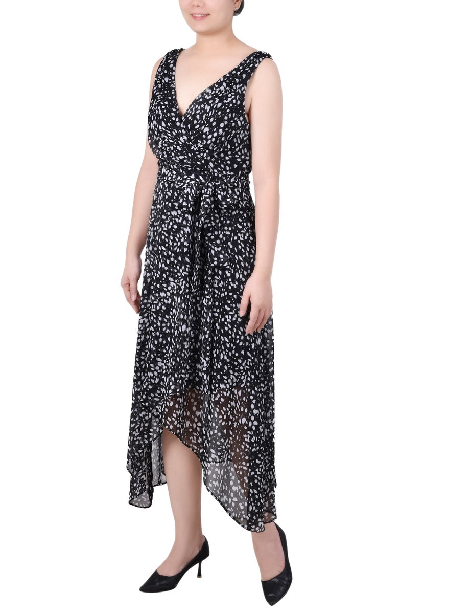  NY Collection Petite Sleeveless Wrap Chiffon Dress - Blush Black Dot - Bonton