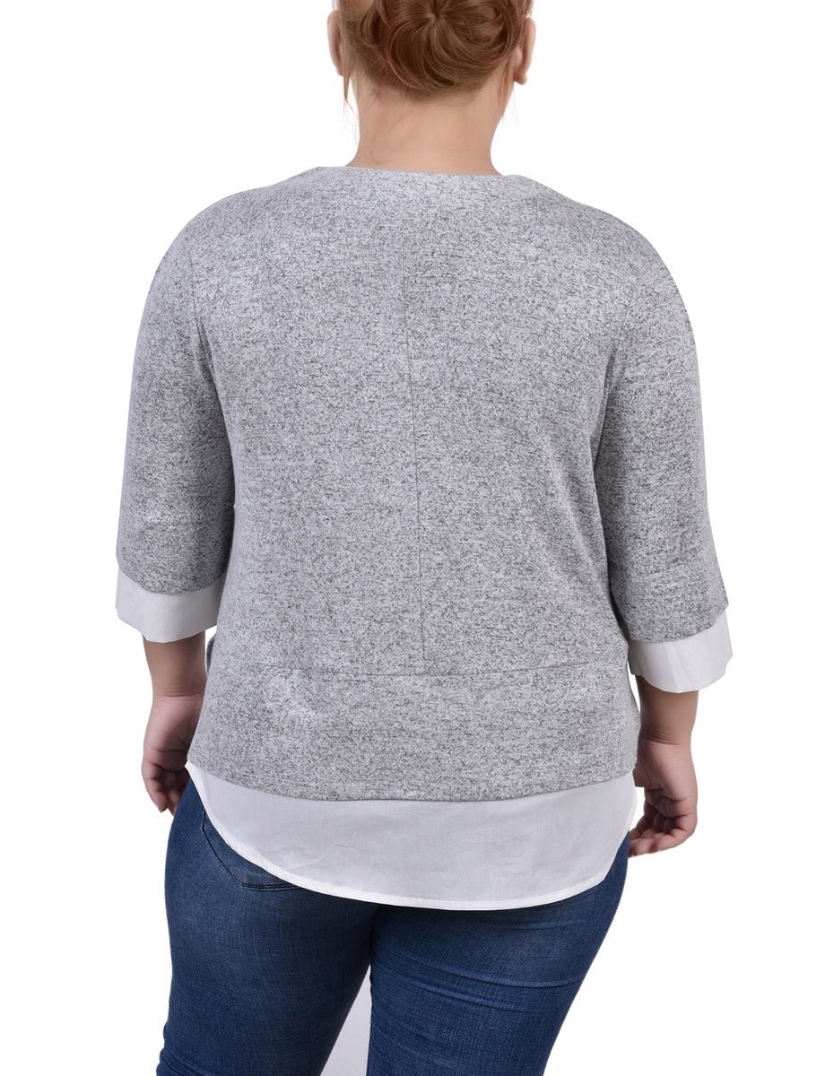  NY Collection Plus Size Long Sleeve 2-in 1 Top - Hgrey White - Bonton