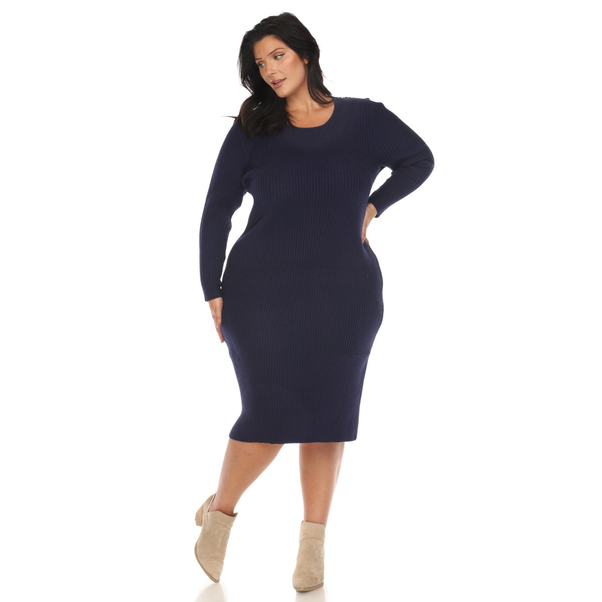  White Mark Plus Size Long Sleeve Rib Midi Sweater Dress - 1X - Bonton