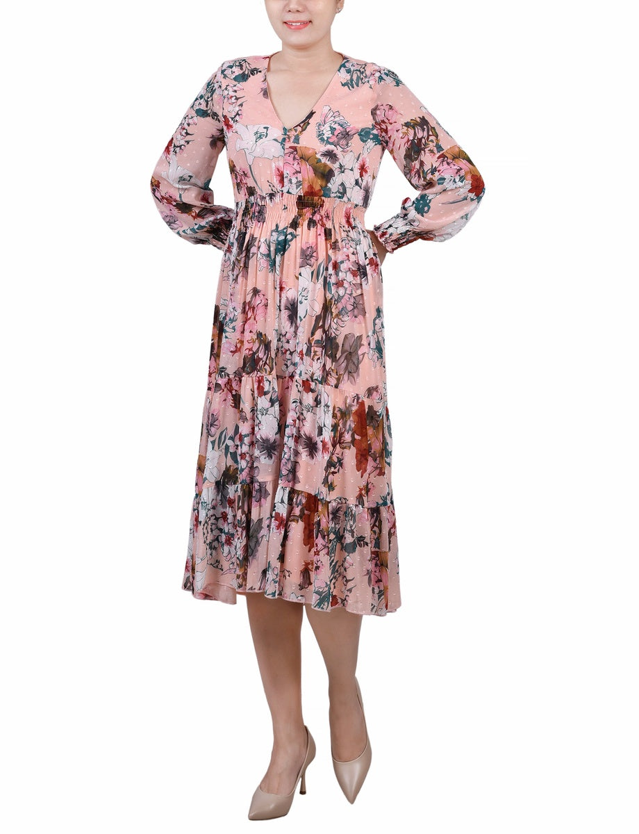  NY Collection Long Sleeve Clip Dot Chiffon Dress With Smocked Waist and Cuffs - Aqua Stembloom - Bonton