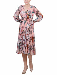 Long Sleeve Clip Dot Chiffon Dress With Smocked Waist and Cuffs