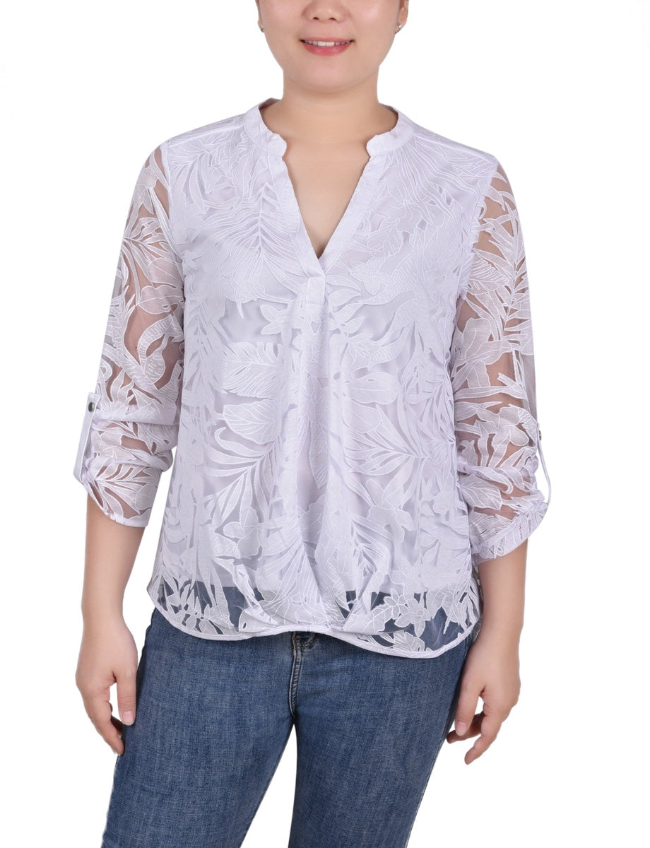  NY Collection Long Sleeve Burnout Y Neck Blouse - Black Palm Leaves - Bonton