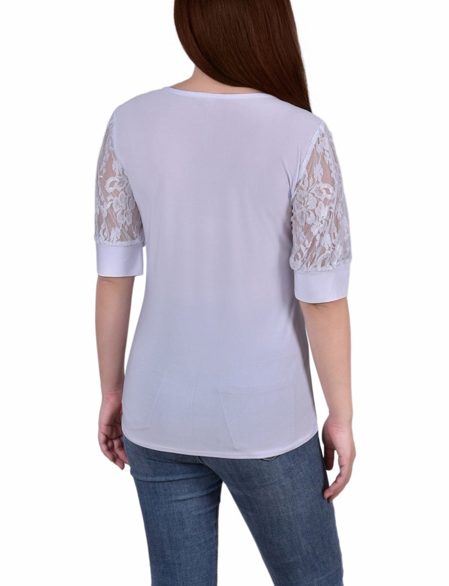  NY Collection Petite Short Puff Sleeve Top With Lace Sleeves and Yoke - Black - Bonton