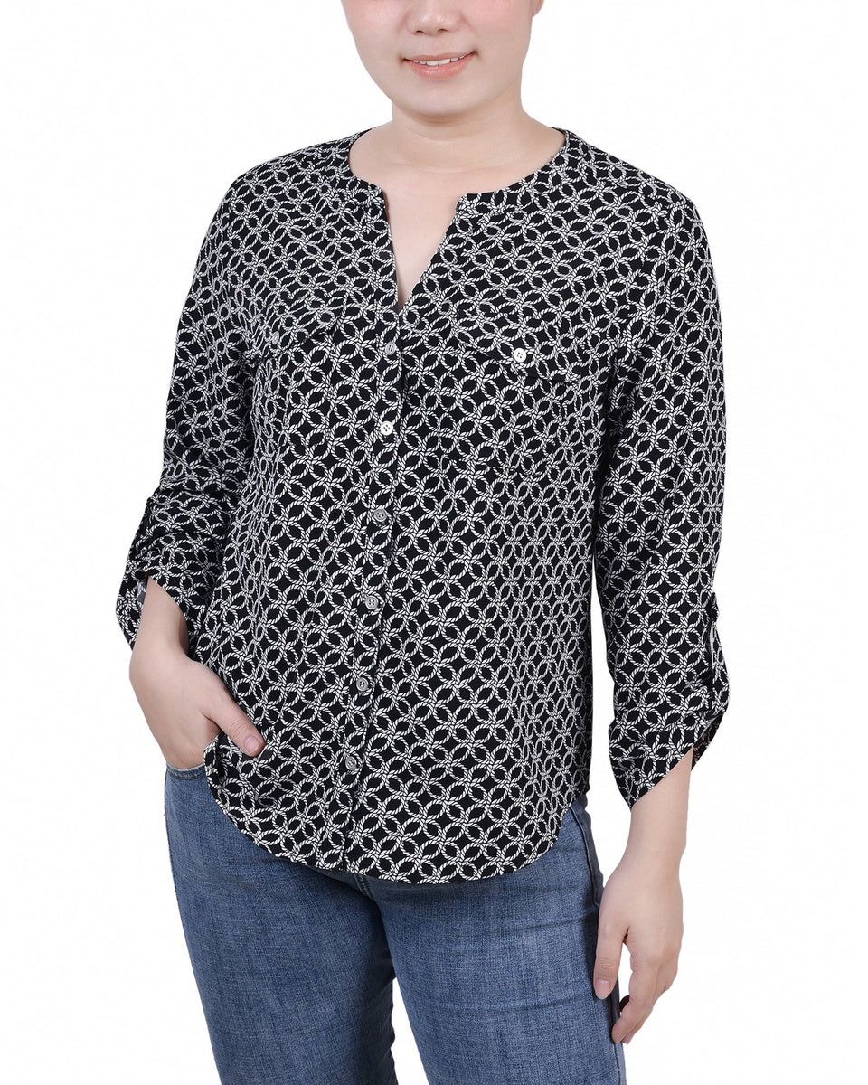  NY Collection Petite 3/4 Sleeve Roll Tab Y Neck Blouse - Black White Abstract - Bonton