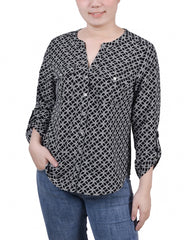 Petite 3/4 Sleeve Roll Tab Y Neck Blouse