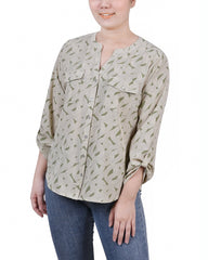 Petite 3/4 Sleeve Roll Tab Y Neck Blouse