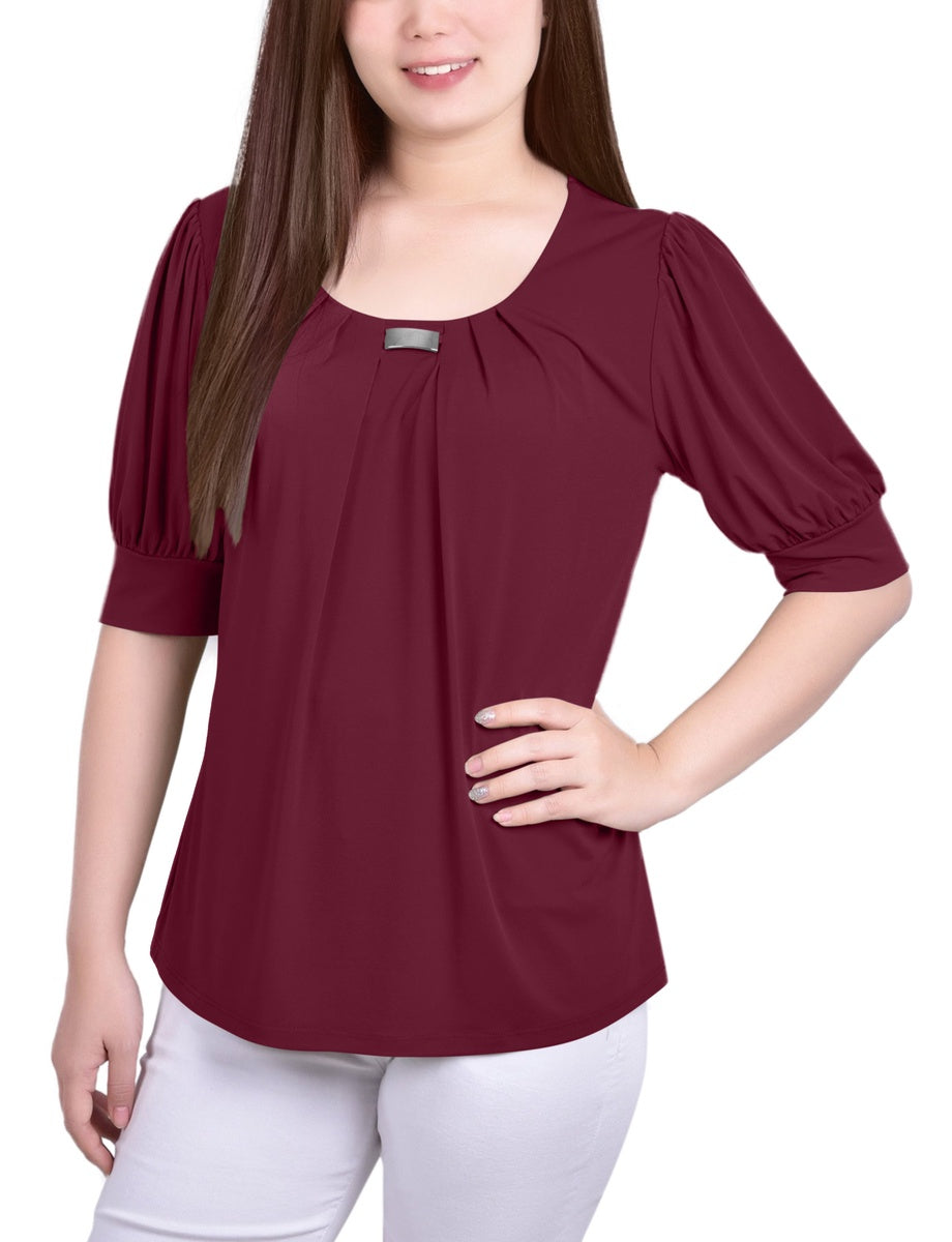  NY Collection Short Sleeve Balloon Sleeve Top With Hardware - Black - Bonton