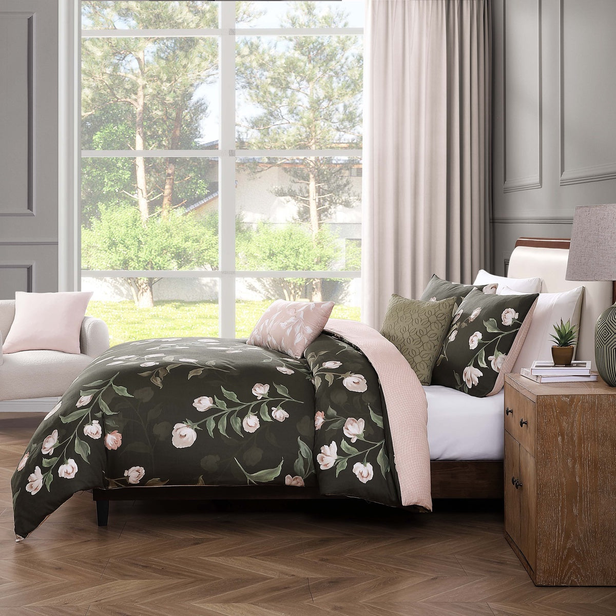  Bebejan Jasmine Flowers 5 Piece Reversible Comforter Set - Queen - Bonton