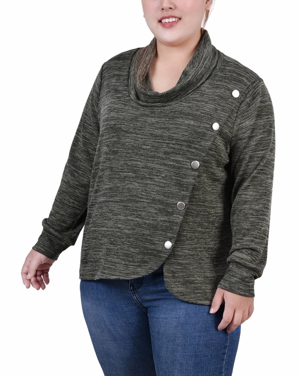  NY Collection Plus Size Long Sleeve Overlapping Cowl Neck Top - Pesto Green - Bonton