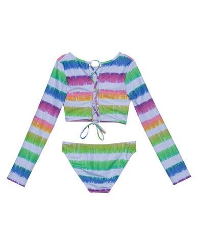 Rainbow Long Sleeve Cropped Rash Guard Top and Bikini Bottom
