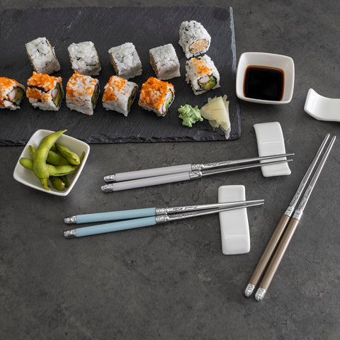 Mother of Pearl Colored Chopsticks, Ceramic Rests and Sauce Bowls, Set of 4 Pairs