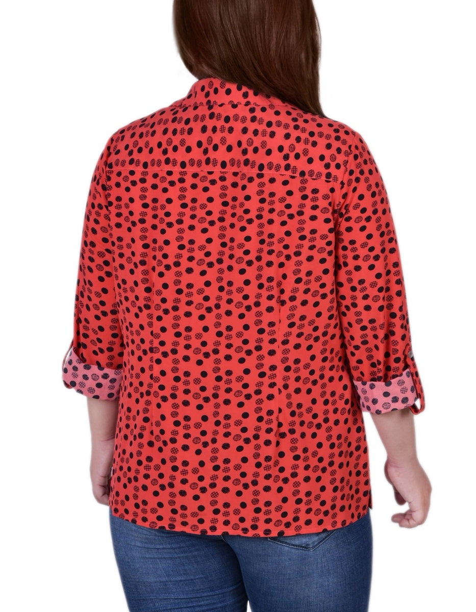  NY Collection Plus Size 3/4 Sleeve Roll Tab Notch Collar Blouse - Black And Doeskin Floral Iconi - Bonton