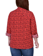 Plus Size 3/4 Sleeve Roll Tab Notch Collar Blouse