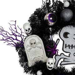 Purple and Black Spooky Skeleton Pine Halloween Wreath  24-Inch  Unlit