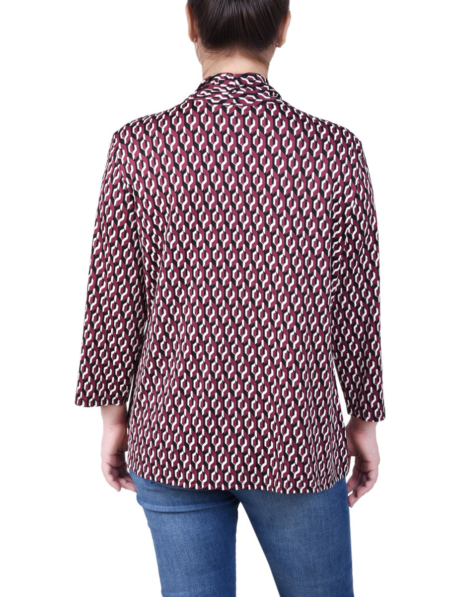  NY Collection Petite Puff Print 3/4 Sleeve Two-Fer Top - Jester Red Ivory Geo - Bonton