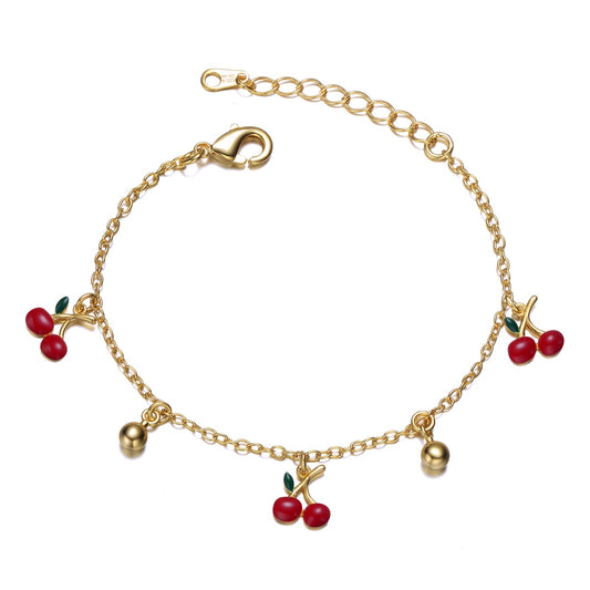 Kids 14k Gold Plated Red Cherry Charms Bracelet