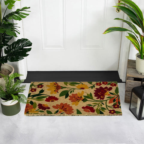Natural Coir Autumn Floral and Foliage Door Mat 18" X 30" - Red  Orange  Yellow