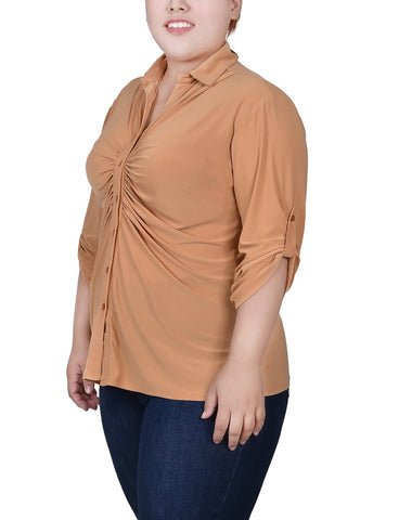 Plus Size 3/4 Roll Tab Rouched-Front Top