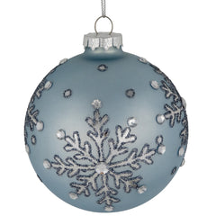 Set of 2 Light Blue Jeweled Reflective Snowflakes Glass Christmas Ball Ornaments 4"