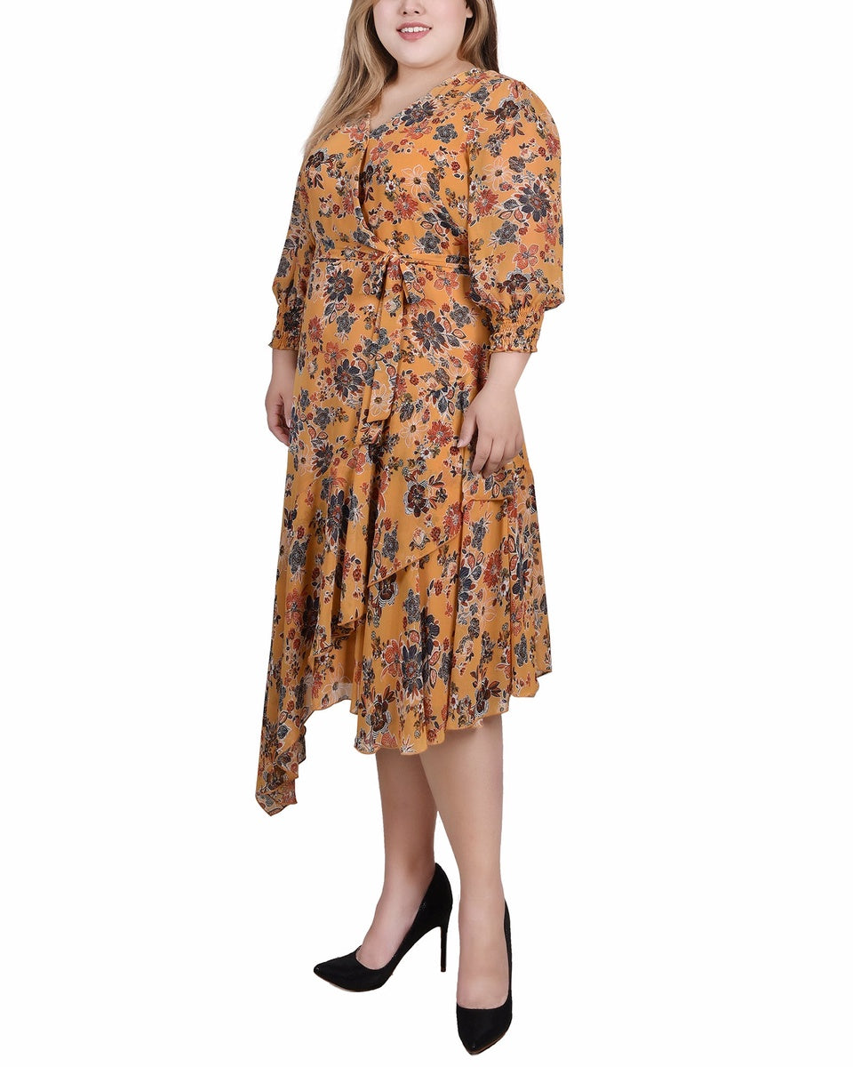  NY Collection Plus Size 3/4 Sleeve Belted Chiffon Hankerchief Hem Dress - Honey Wallflower - Bonton