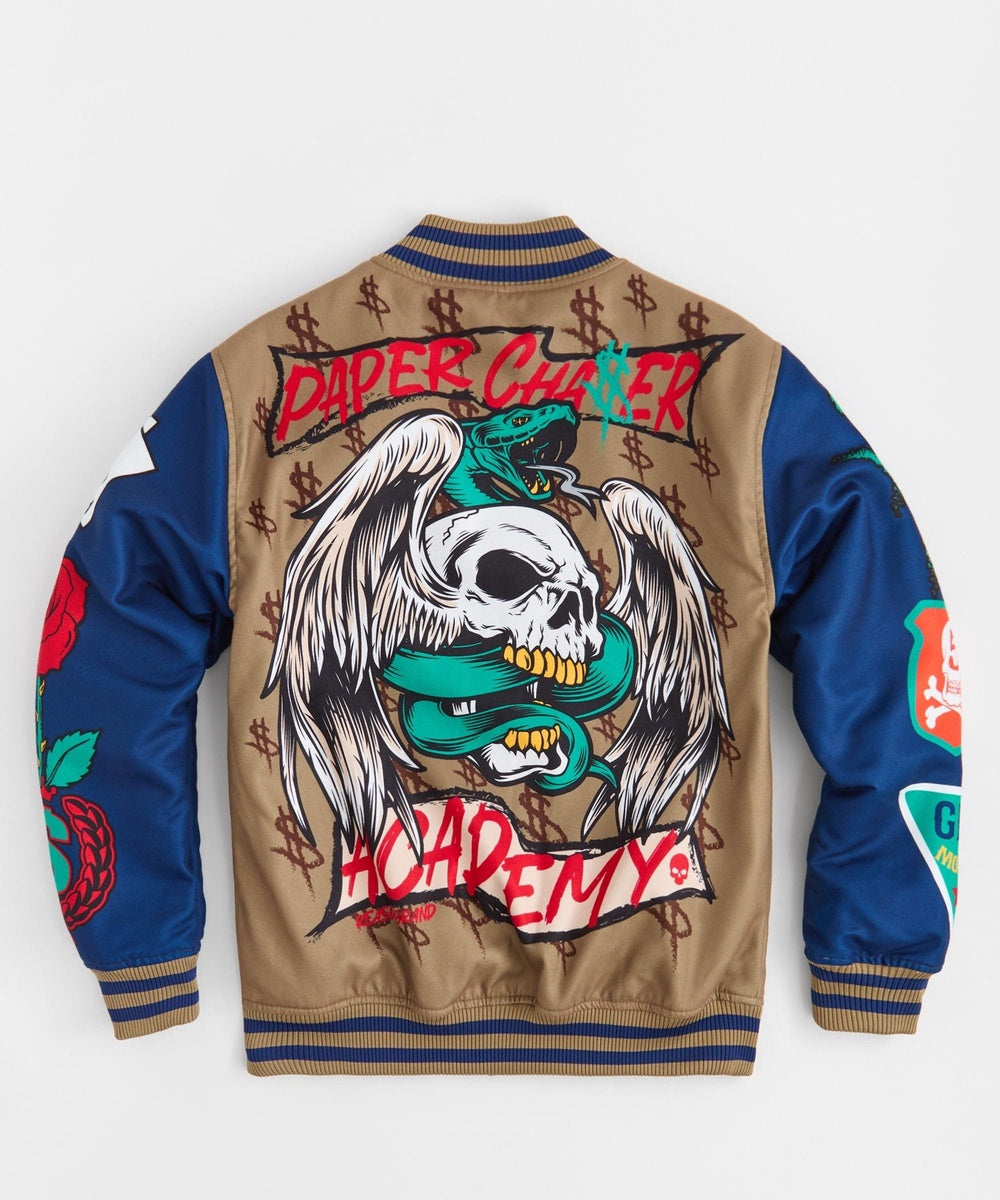  Reason Clothing Paper Chaser Chenille Patched Varsity Jacket - Khaki - KHAKI - Bonton