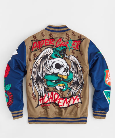 Paper Chaser Chenille Patched Varsity Jacket - Khaki