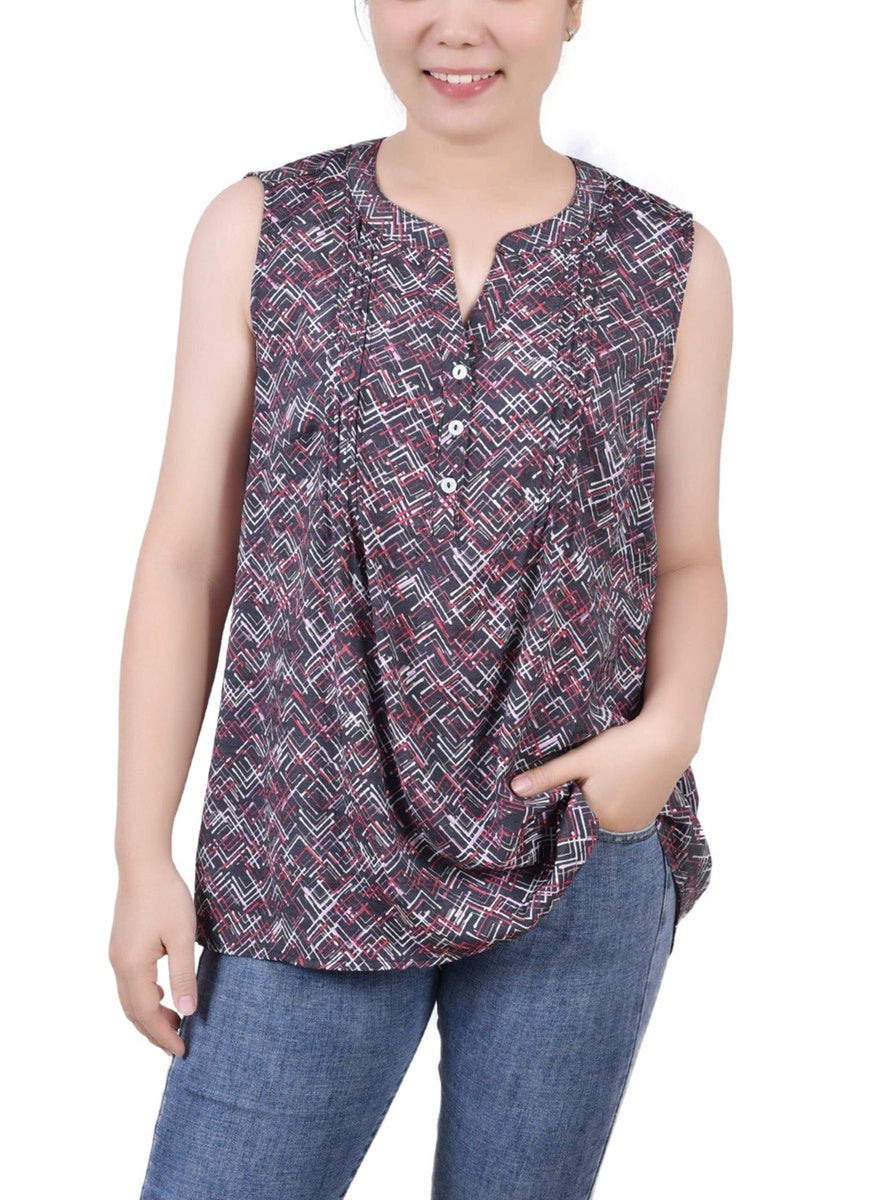  NY Collection Petite Sleeveless Pintucked Blouse - Black Palmdive - Bonton