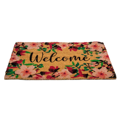 Natural Coir Blossoming Floral Outdoor Rectangular "Welcome" Doormat 18" X 30"