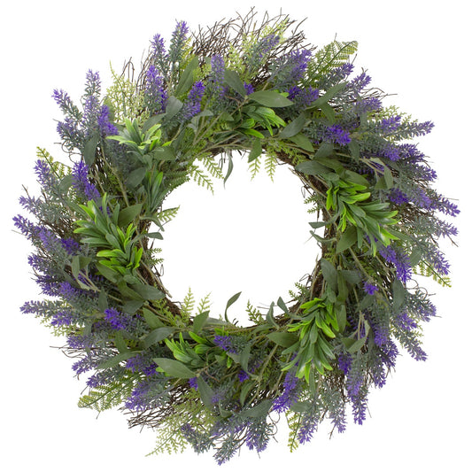 Lavender and Spring Foliage Artificial Floral Wreath  Purple - 24-Inch