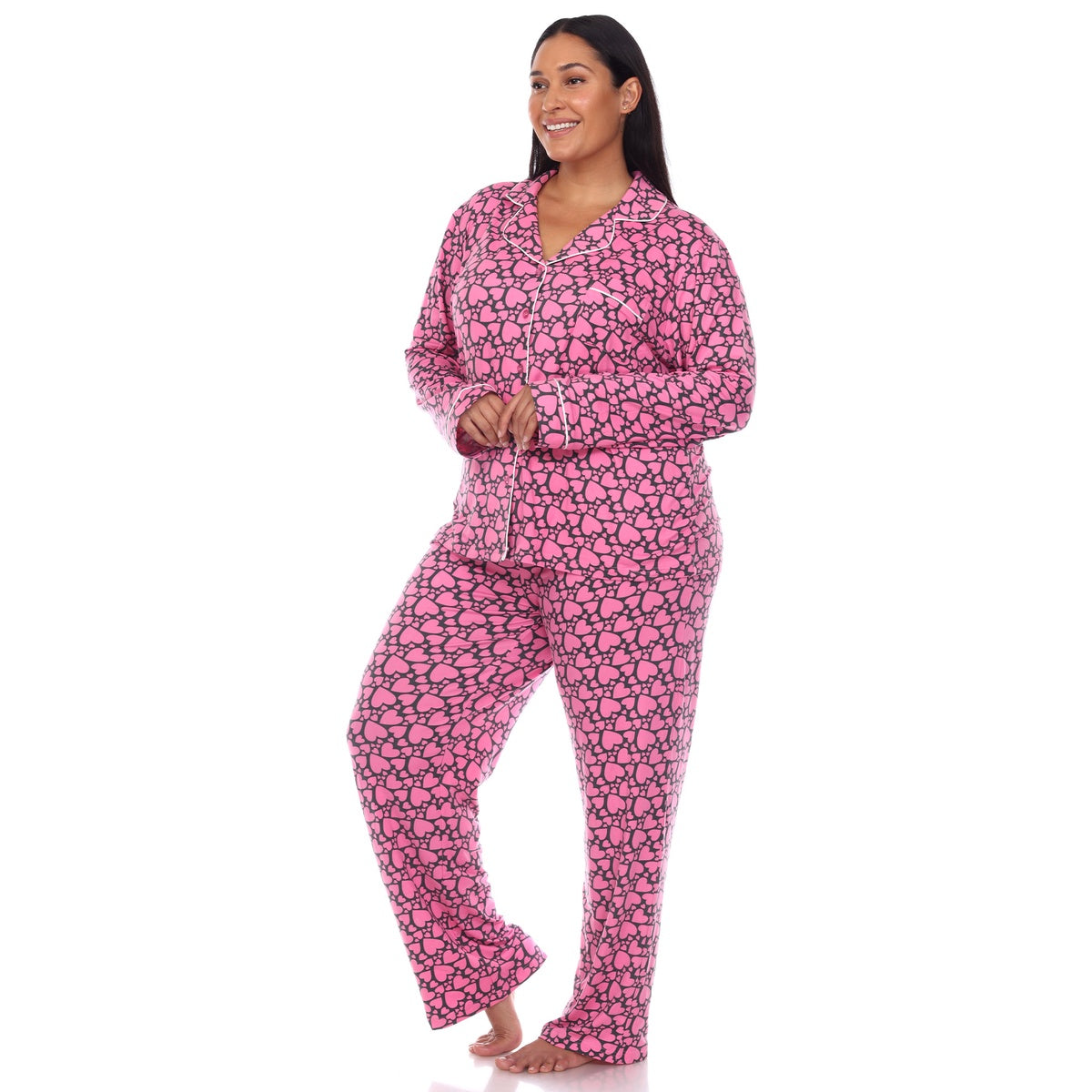  White Mark Plus Size Long Sleeve Heart Print Pajama Set - 3X - Bonton