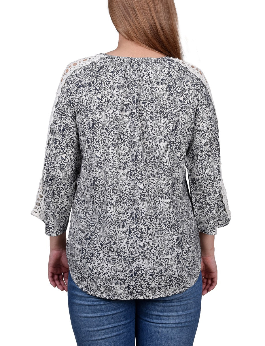  NY Collection 3/4 Sleeve Crochet Detail Blouse - Blue - Bonton