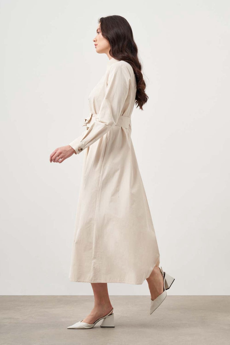  Mizalle Mizalle-Button Up Belted Dress-Beige - Beige - Bonton