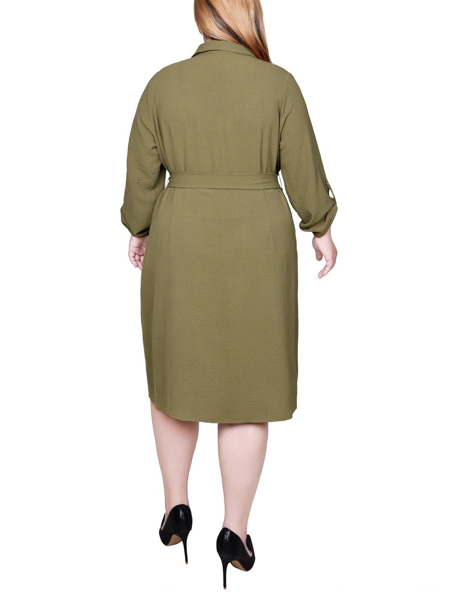  NY Collection Plus Size Long Roll Tab Sleeve Shirtdress - Burnt Olive - Bonton