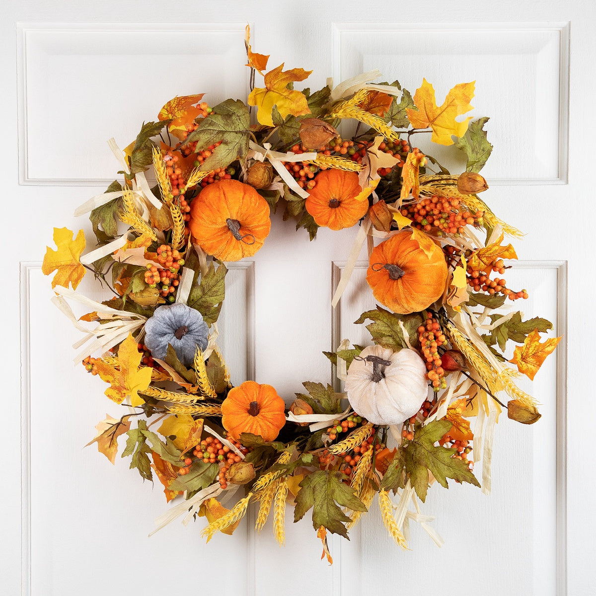  Northlight Velvet Pumpkins and Wheat Artificial Fall Harvest Wreath - 24-Inch  Unlit - Default Title - Bonton