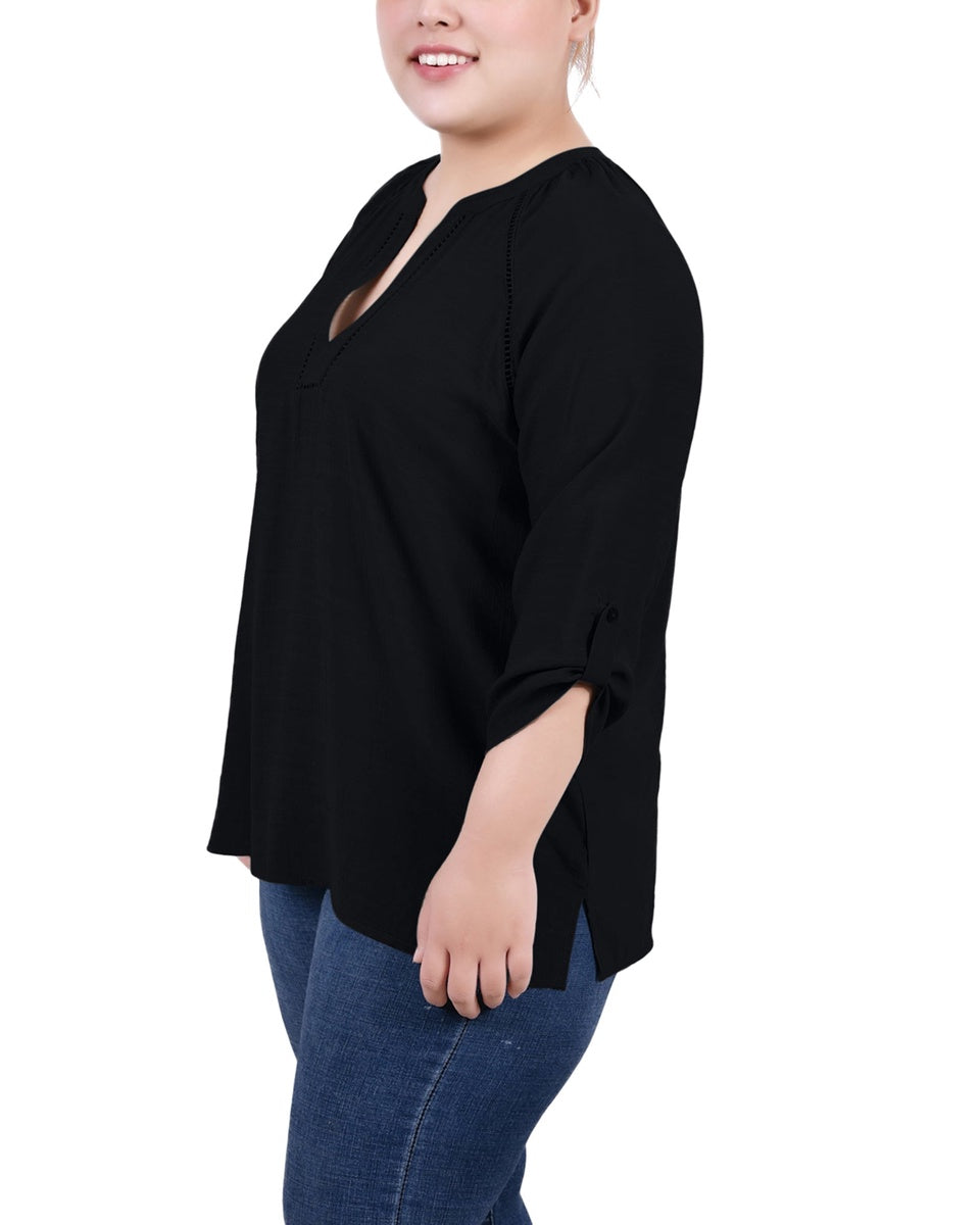  NY Collection Plus Size Raglan Sleeve Split Neck Blouse - Black - Bonton