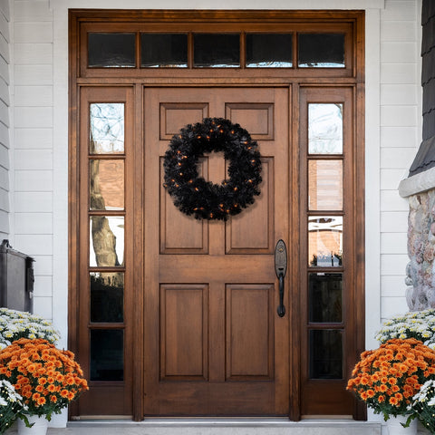 Pre-Lit Noble Spruce Artificial Halloween Wreath - 24" - Black - Orange Lights