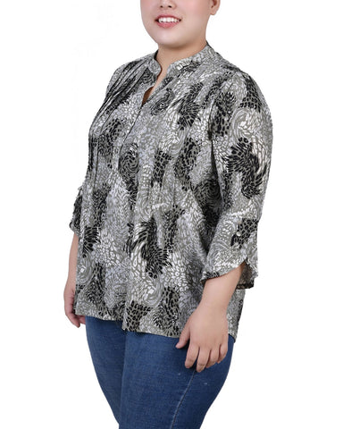 Plus Size 3/4 Sleeve Overlapped Bell Sleeve Y Neck Top