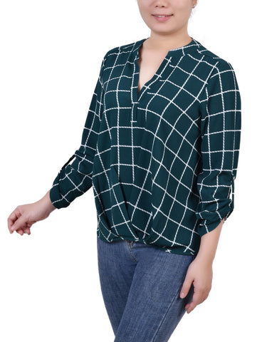 Petite 3/4 Sleeve Mandarin Collar Blouse With Front Pleats
