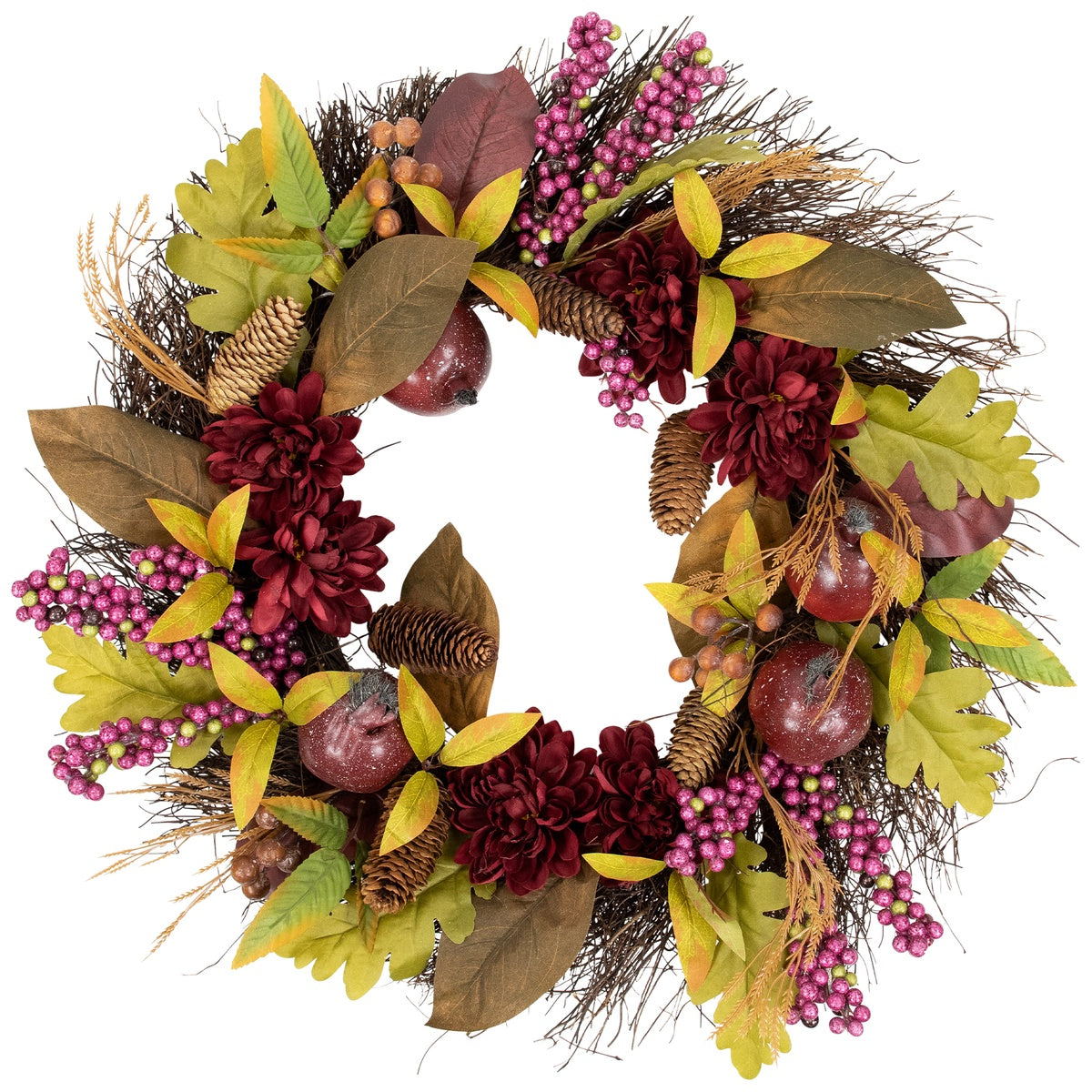  Northlight Mums and Pomegranates Artificial Fall Harvest Twig Wreath  24-Inch - Default Title - Bonton